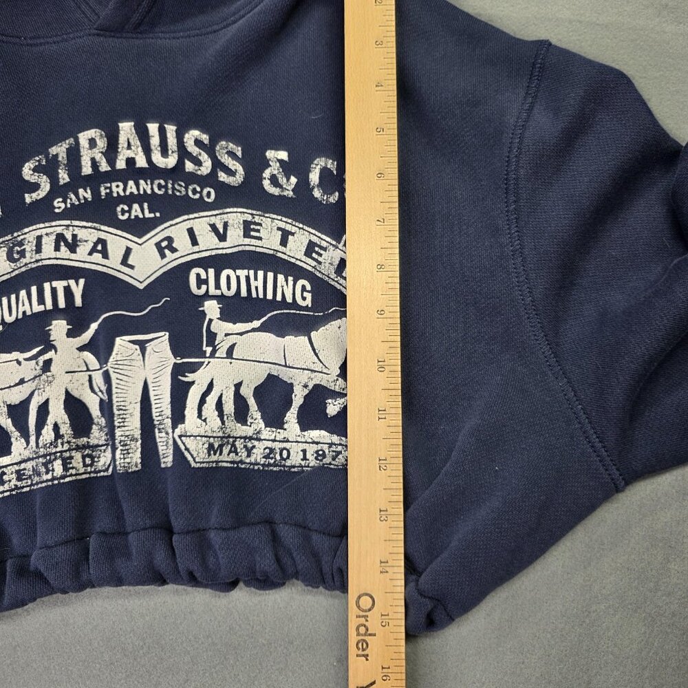 Levis Hoodie Womens Large Navy Blue Cropped Pullover Logo Sweatshirt Hipster - Picture 7 of 8